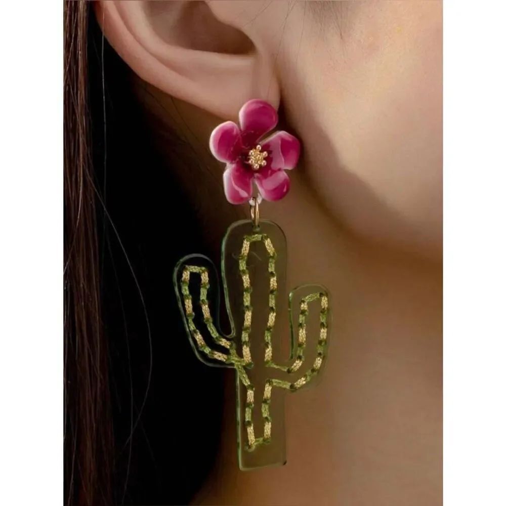 Floral Pink & Green Cactus Drop Earrings A1929